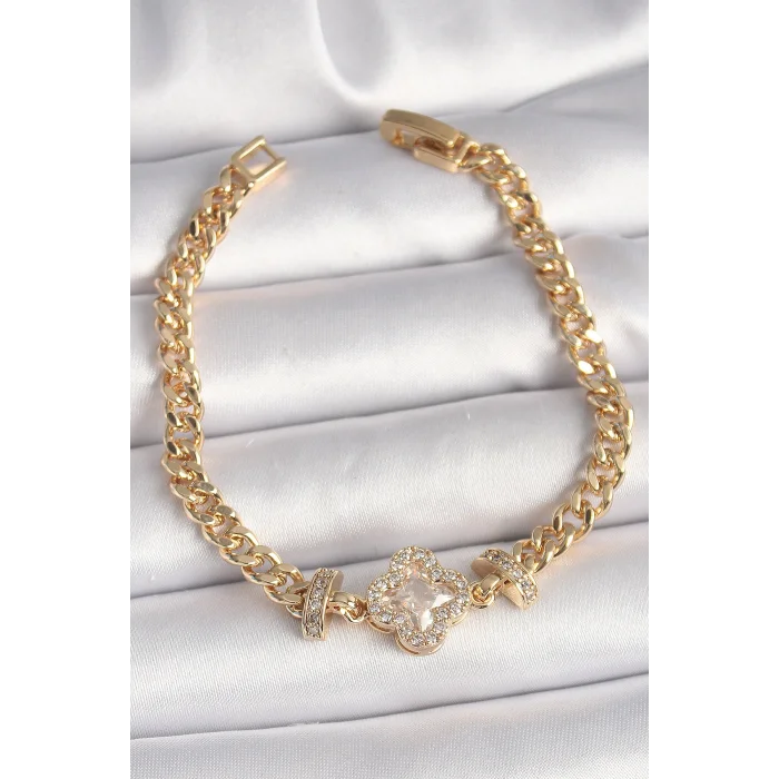 Pirinç Gold Renk Zirkon Taşlı Yonca Figür Zincir Model Kadın Bileklik