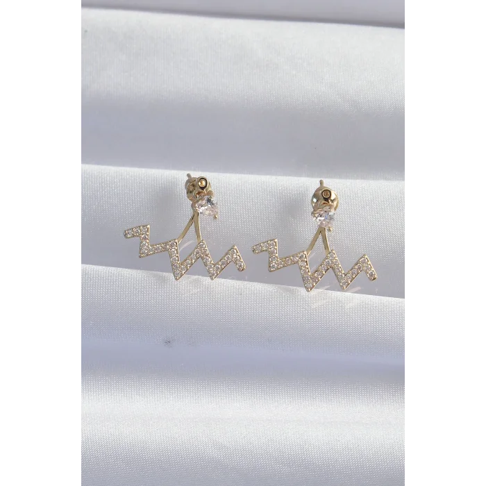 Pirinç Gold Renk Zirkon Taşlı Zikzak Küpe