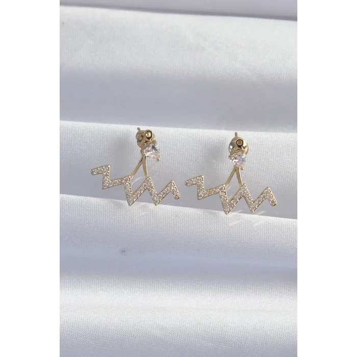 Pirinç Gold Renk Zirkon Taşlı Zikzak Küpe