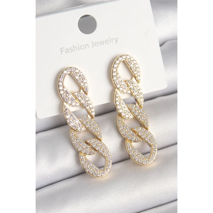 Pirinç Gold Renk Zirkon Taşlı Zincir Model Kadın Küpe