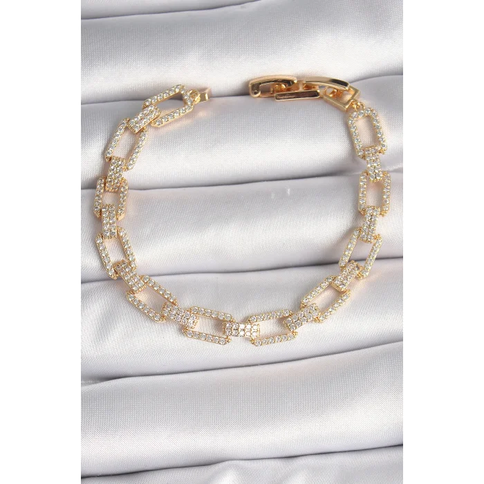 Pirinç Gold Renk Zirkon Taşlı Zincir Model VIP Seri Kadın Bileklik