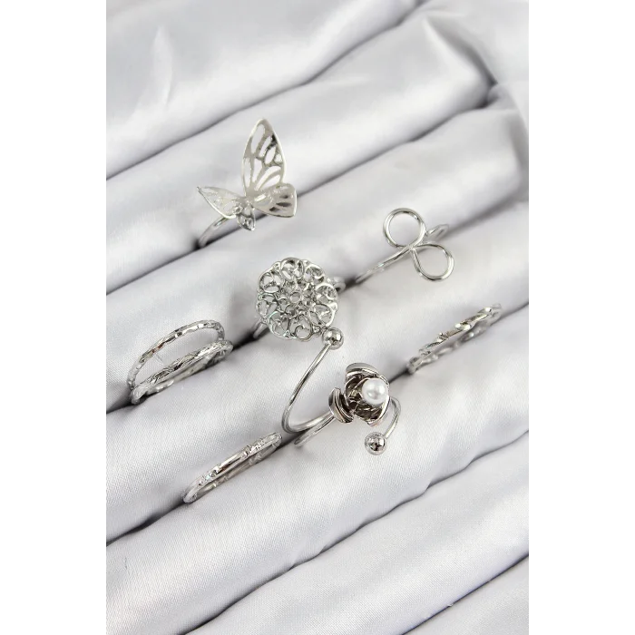Pirinç Gül Kelebek Model Gümüş Renk Kadın Yüzük Kombin Set