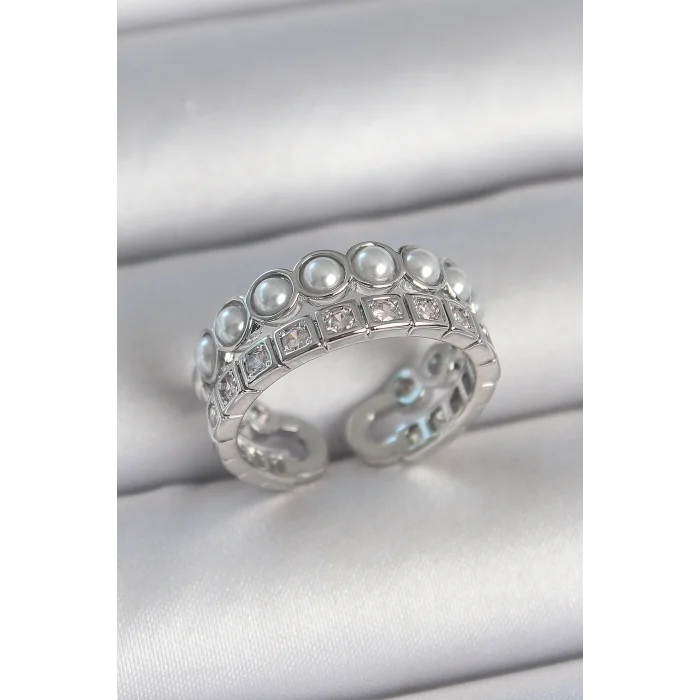 Pirinç Gümüş Renk 2Li Sıra Zirkon Taşlı Ve İncili Ayarlanabilir Kadın Yüzük