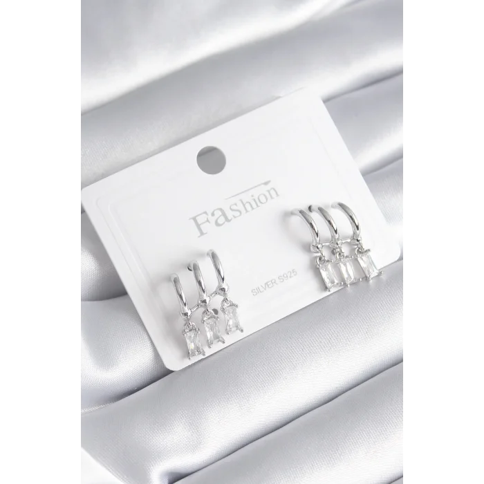 Pirinç Gümüş Renk 3lü Sallantı Zirkon Taşlı Küpe