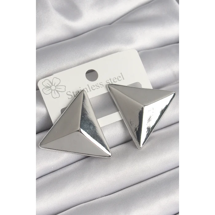Pirinç Gümüş Renk 3D Üçgen Model Kadın Küpe