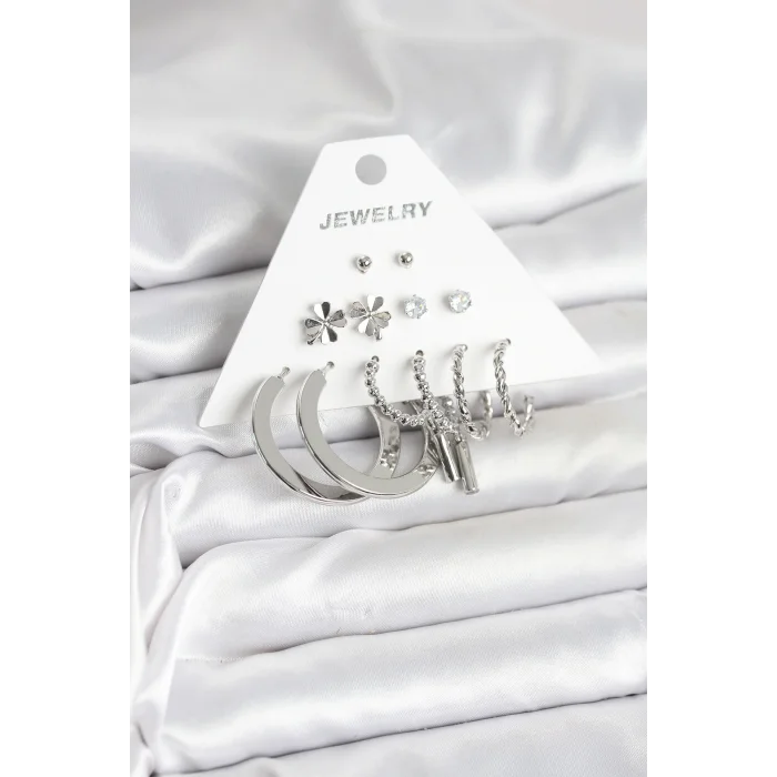 Pirinç Gümüş Renk 6 Çift Kadın Küpe Seti