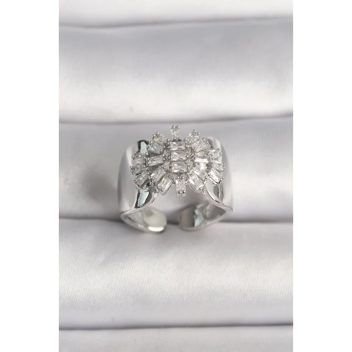 Pirinç Gümüş Renk Ayarlanabilir Baget Zirkon Taş Model Kadın Yüzük