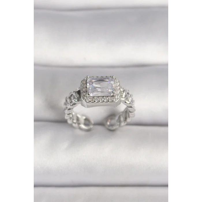 Pirinç Gümüş Renk Ayarlanabilir Zincir Kare Zirkon Taşlı Kadın Yüzük