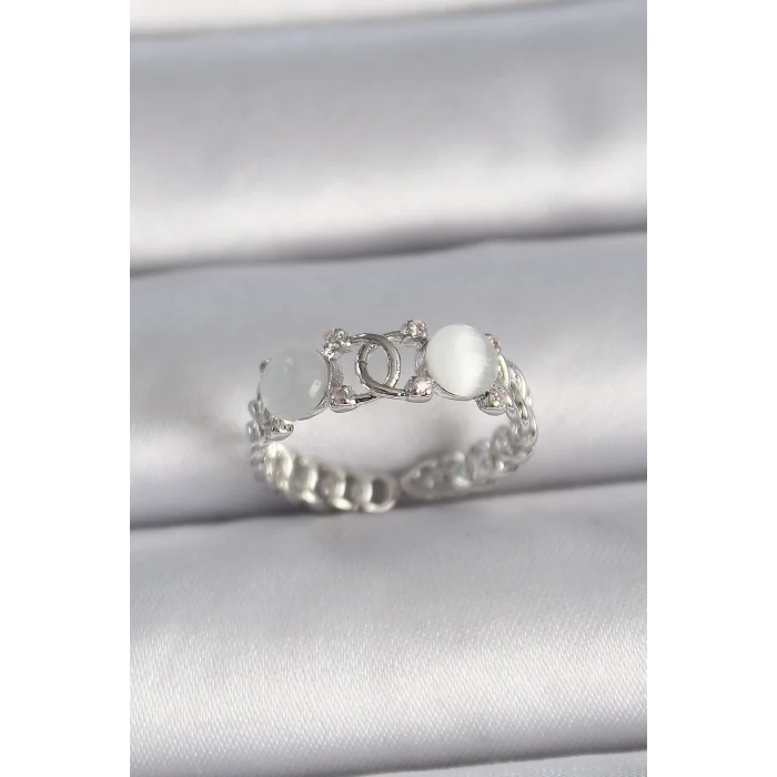 Pirinç Gümüş Renk Ayarlanabilir Zirkon Taşlı Beyaz Mineli Birleşik Halka Model Kadın Yüzük