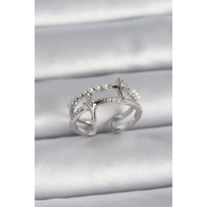 Pirinç Gümüş Renk Ayarlanabilir Zirkon Taşlı Kutup Yıldız İnci Detay Kadın Yüzük