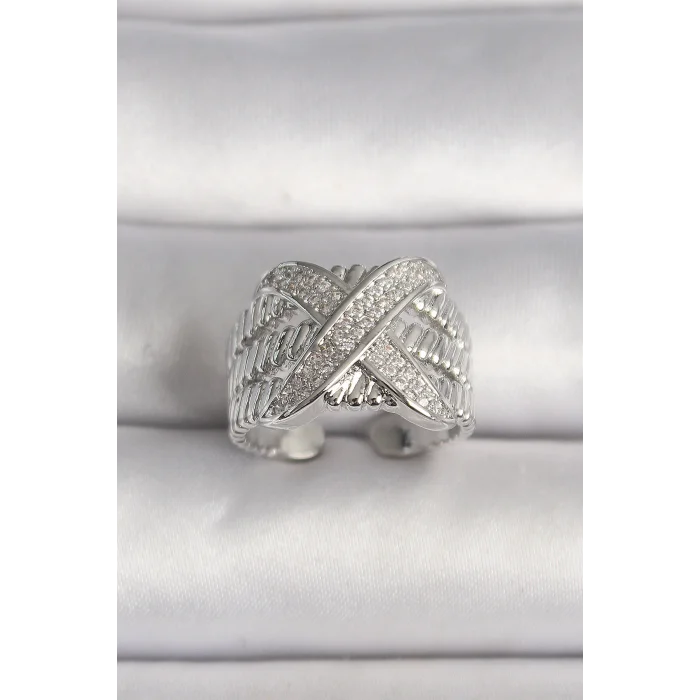 Pirinç Gümüş Renk Ayarlanabilir Zirkon Taşlı X Model Kadın Yüzük