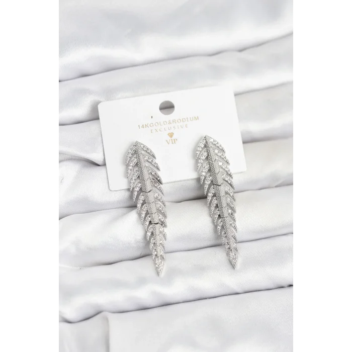 Pirinç Gümüş Renk Balık Sırtı Model Zirkon Taşlı Kadın Küpe