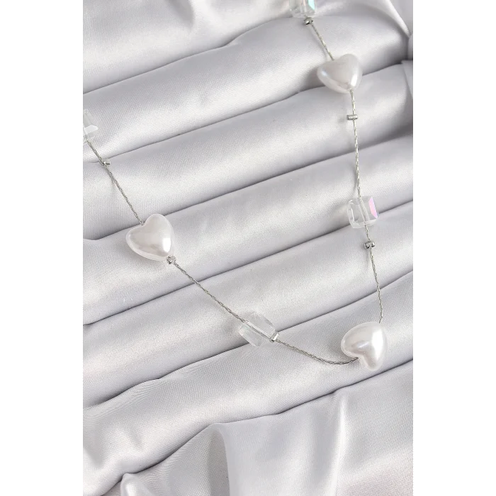 Pirinç Gümüş Renk Beyaz İnci Kalp Model Kadın Kolye