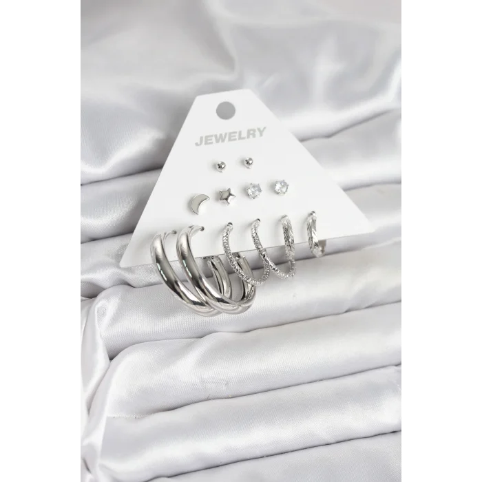 Pirinç Gümüş Renk Halka Modelli 6 Çift Kadın Küpe