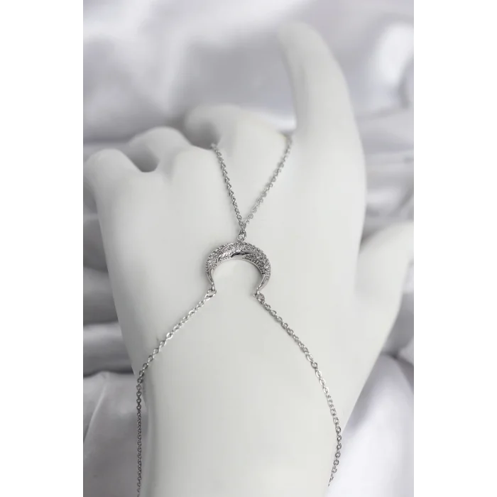 Pirinç Gümüş Renk Hilal Model Zirkon Taşlı Kadın Şahmeran