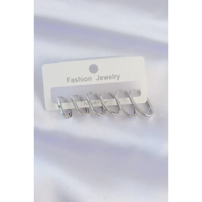 Pirinç Gümüş Renk İnce Oval Küpe Seti