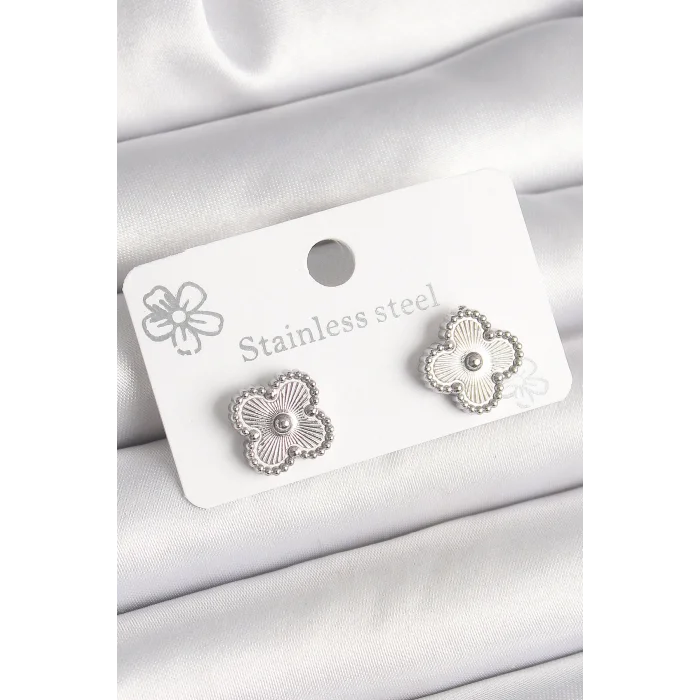 Pirinç Gümüş Renk İşlemeli Yonca Model Kadın Küpe