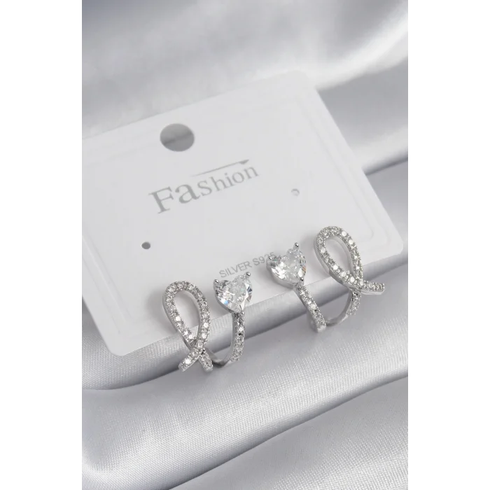 Pirinç Gümüş Renk Kalp Model Zirkon Taşlı Kadın Küpe