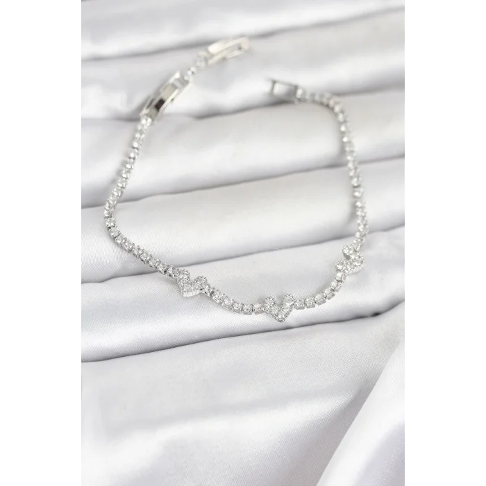 Pirinç Gümüş Renk Kalp Model Zirkon Taşlı Su Yolu Kadın Bileklik