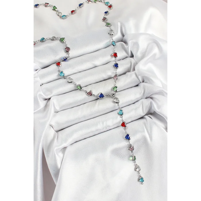 Pirinç Gümüş Renk Karışık Renk Zirkon Taşlı Kalpli Y Kadın Kolye