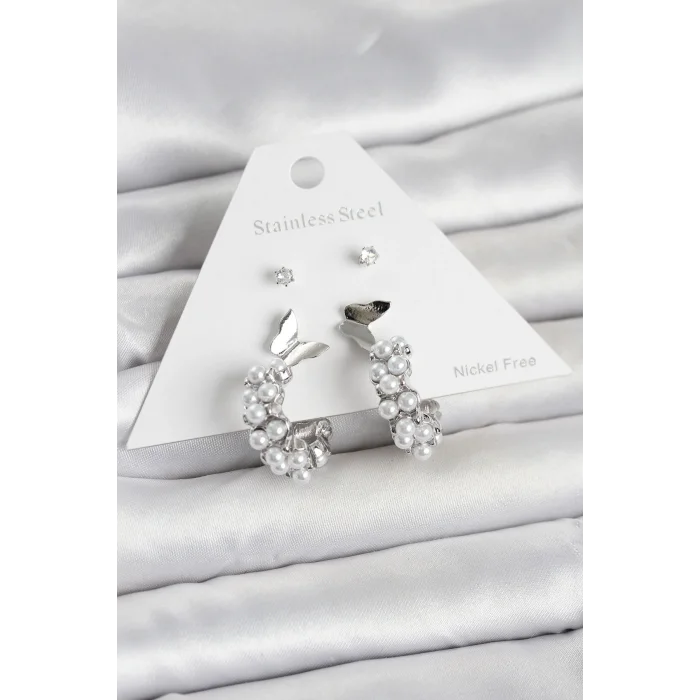 Pirinç Gümüş Renk Kelebek Detaylı Kadın Küpe Seti