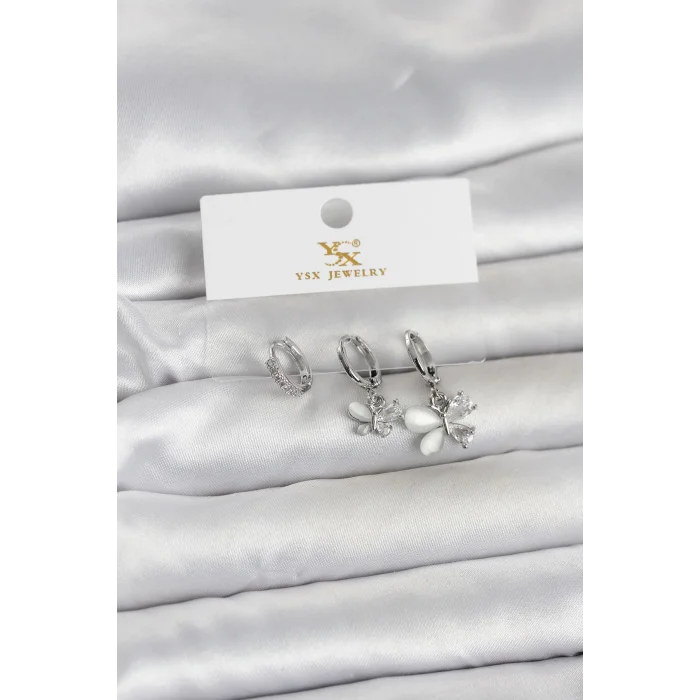 Pirinç Gümüş Renk Kelebek Model 3lü Kadın Küpe