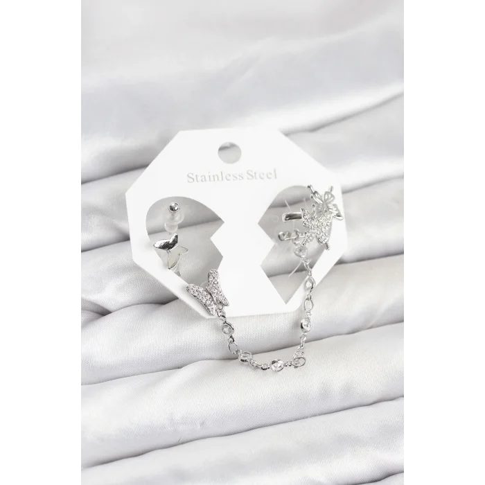 Pirinç Gümüş Renk Kelebek Model Zincir Bağlantılı Ear Cuff Küpe Seti