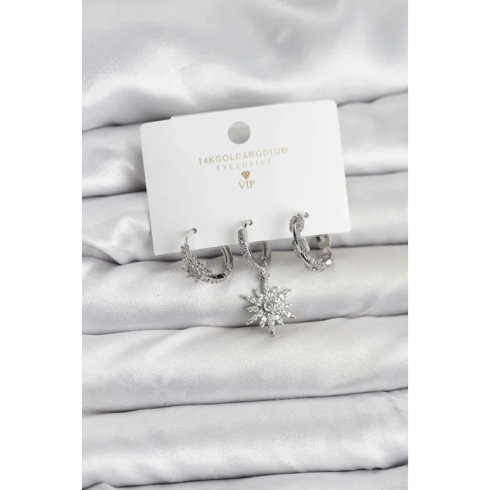 Pirinç Gümüş Renk Kutup Yıldızı Model 3lü Kadın Küpe Seti