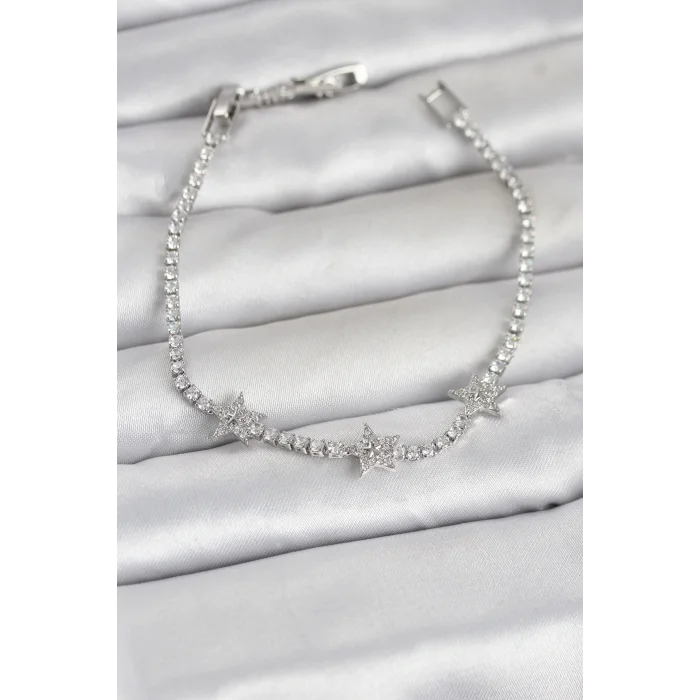 Pirinç Gümüş Renk Minimal Yıldız Model Zirkon Taşlı Su Yolu Kadın Bileklik