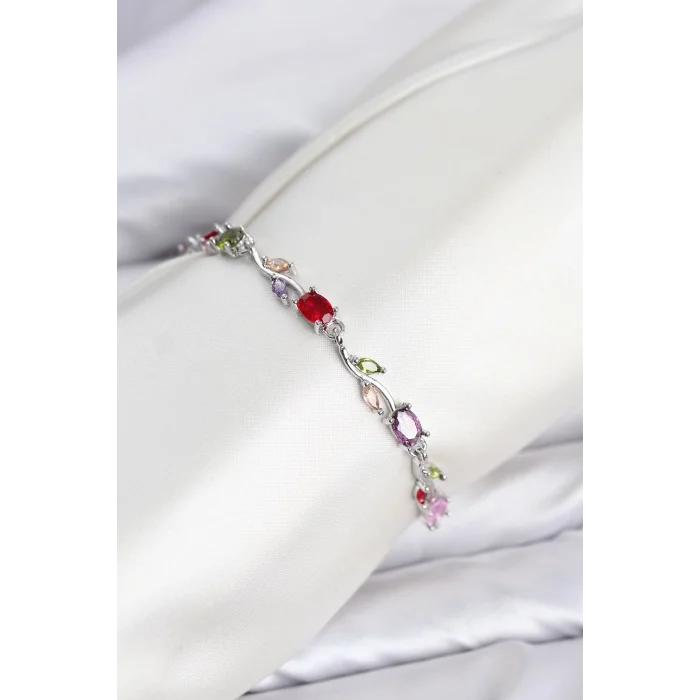 Pirinç Gümüş Renk Mix Renk Zirkon Taşlı Çiçek Model Kadın Bileklik