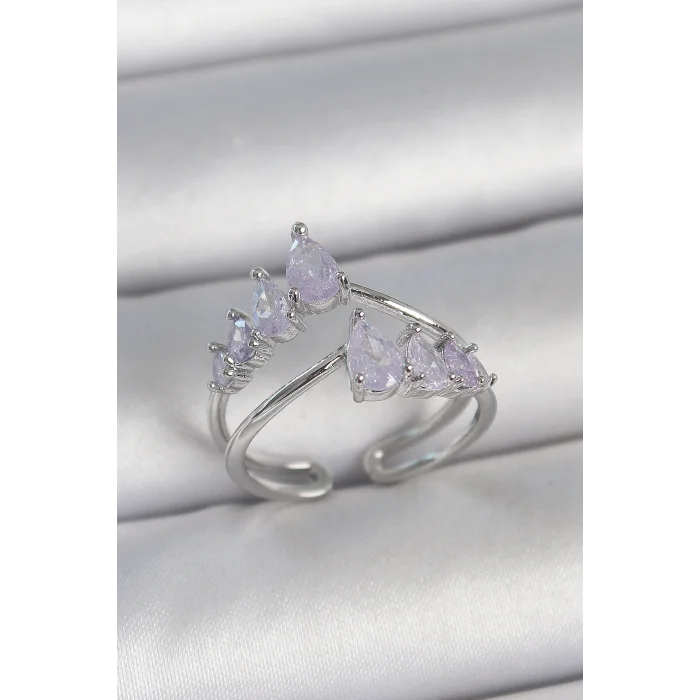 Pirinç Gümüş Renk Mor Damla Zirkon Taşlı Taç Model Kadın Yüzük