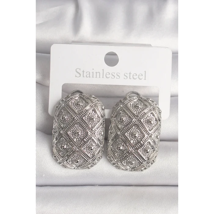 Pirinç Gümüş Renk Motif İşlemeli Kadın Küpe