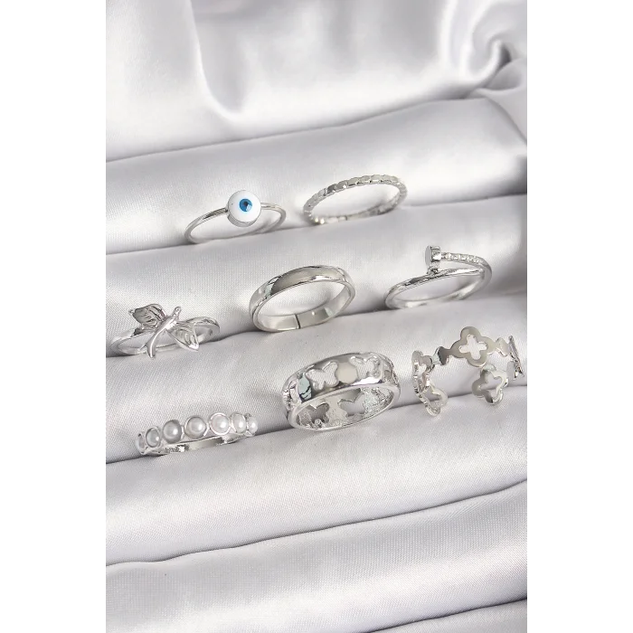 Pirinç Gümüş Renk Nazar Boncuk Detay İncili Kelebek İşlemeli Kadın Yüzük Kombini