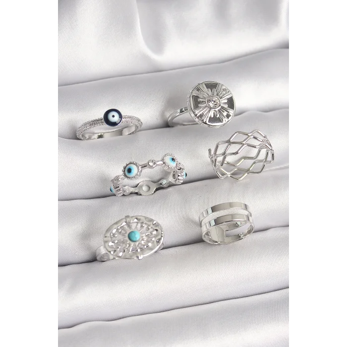 Pirinç Gümüş Renk Nazar Boncuk Zirkon Taş Detaylı Dalga Figür Kadın Yüzük Kombini