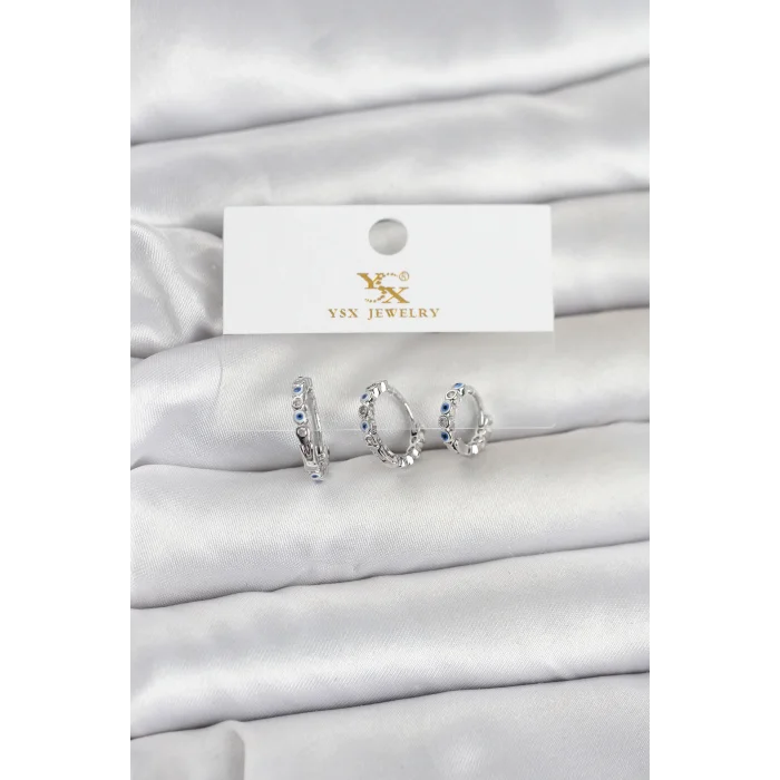 Pirinç Gümüş Renk Nazarlı Model 3lü Kadın Küpe