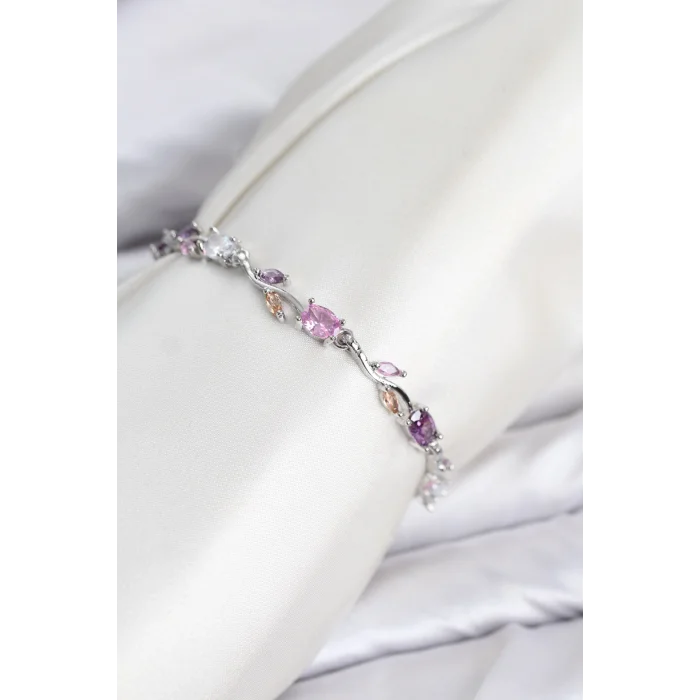 Pirinç Gümüş Renk Pembe ve Mor Zirkon Taşlı Çiçek Model Kadın Bileklik