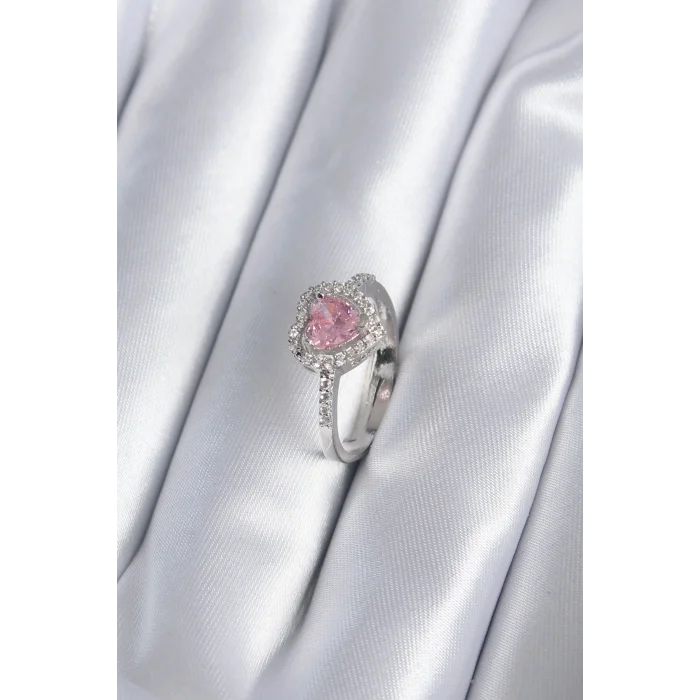 Pirinç Gümüş Renk Pembe Zirkon Taş Kalp Charm Model Kadın Yüzük