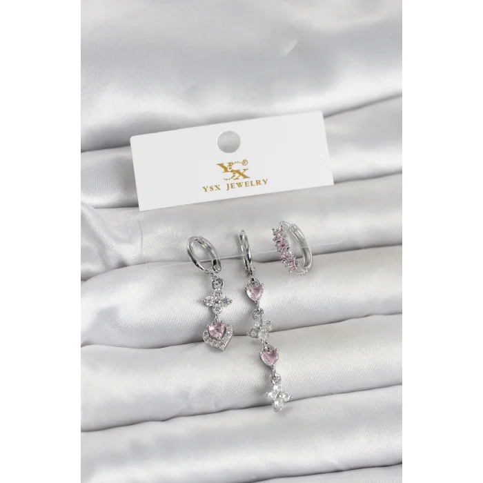 Pirinç Gümüş Renk Pembe Zirkon Taşlı 3lü Kadın Küpe