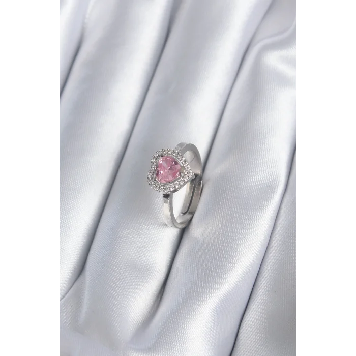 Pirinç Gümüş Renk Pembe Zirkon Taşlı Charm Model Kadın Yüzük