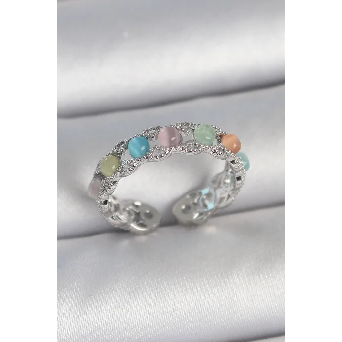 Pirinç Gümüş Renk Renkli Mineli Ayarlanabilir Kadın Yüzük