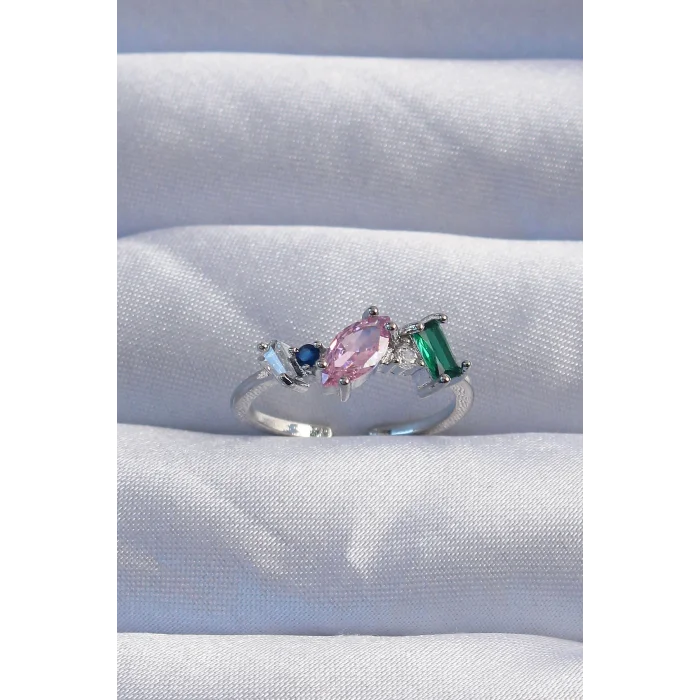 Pirinç Gümüş Renk Renkli Zirkon Taşlı Ayarlanabilir Yüzük