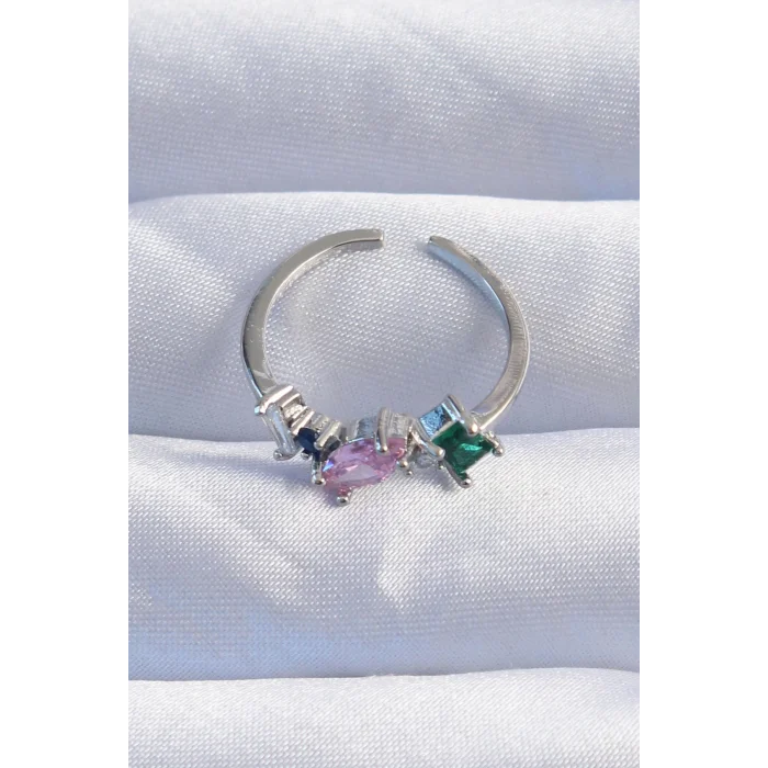 Pirinç Gümüş Renk Renkli Zirkon Taşlı Ayarlanabilir Yüzük