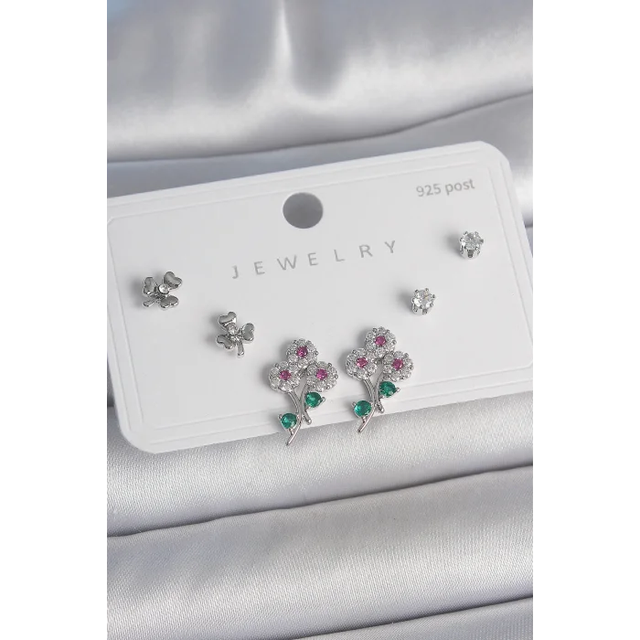 Pirinç Gümüş Renk Renkli Zirkon Taşlı Çiçek Model Yaprak Detay 925 Ayar Gümüş Çivi Kadın Küpe Seti