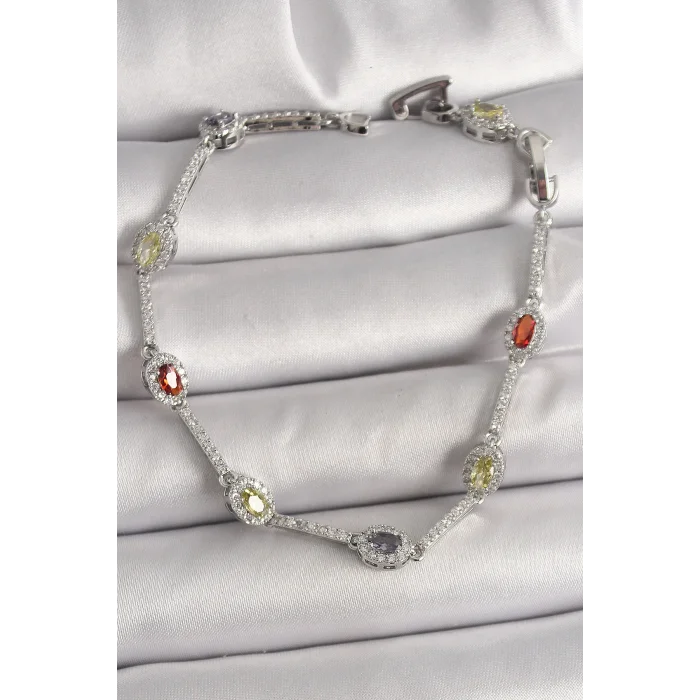 Pirinç Gümüş Renk Renkli Zirkon Taşlı Damla Taş Model Kadın Bileklik