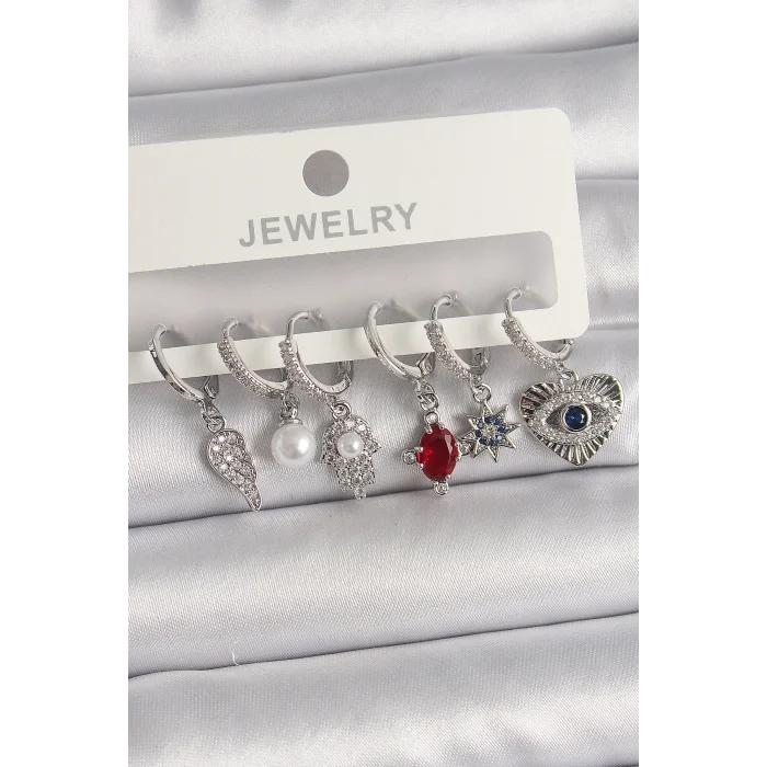 Pirinç Gümüş Renk Sallantı Zirkon Taşlı Fatma Ana El Figür Kadın Küpe Seti