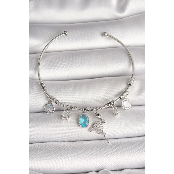 Pirinç Gümüş Renk Sallantı Zirkon Taşlı Filaminga Figür Charm Kadın Bileklik