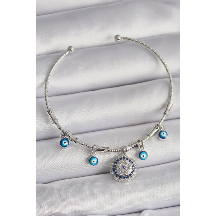 Pirinç Gümüş Renk Sallantı Zirkon Taşlı Nazar Boncuk Figür Charm Bileklik