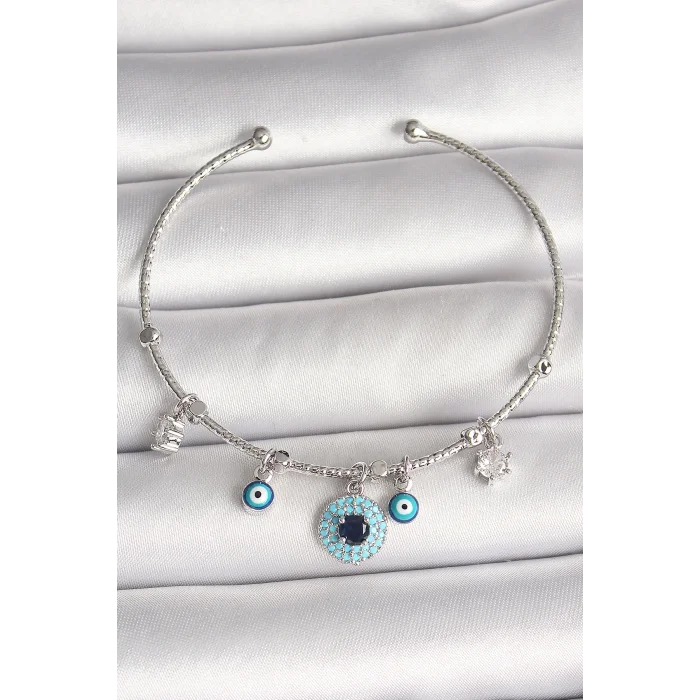 Pirinç Gümüş Renk Sallantı Zirkon Taşlı Nazar Boncuk Figür Charm Kadın Bileklik