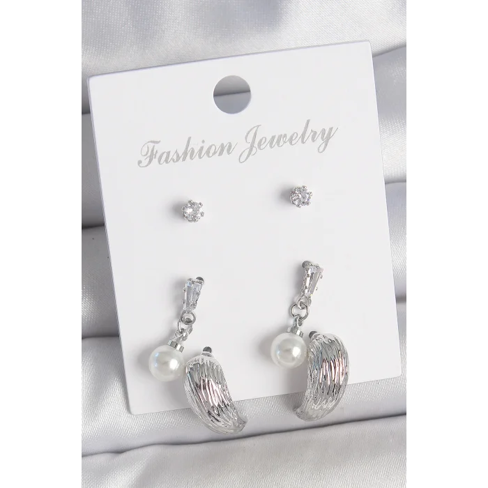 Pirinç Gümüş Renk Sallantılı Zirkon Taşlı Damla Model 3 Çift Kadın Küpe Seti