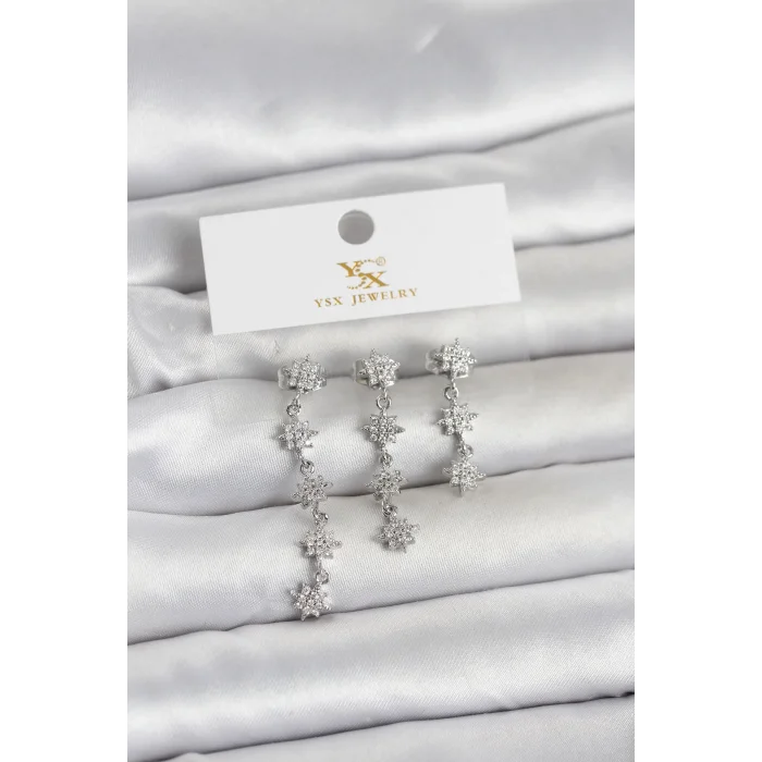 Pirinç Gümüş Renk Sıralı Kutup Yıldızı Model 3lü Kadın Küpe